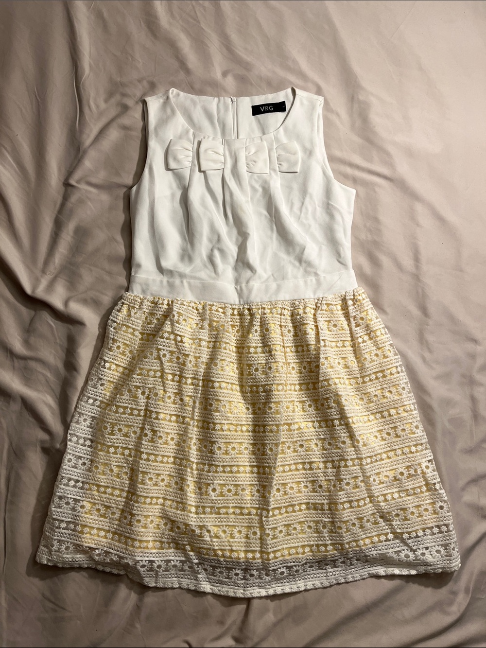 VRG Girls' White Bodice with Cream-Yellow Lace Skirt Party Dress